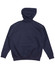 A navy blue kids' fleece hoodie with a hood and ribbed cuffs and hem. It features a branding logo.