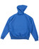 A blue kids' fleece hoodie with a kangaroo pocket and a hood, featuring a logo on the back.