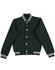A green varsity jacket featuring a ribbed collar, button closure, and striped cuffs. It has side pockets and a logo.