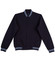 A black fleece varsity jacket with blue striped cuffs and collar, featuring front buttons and side pockets.