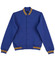 A blue fleece varsity jacket featuring yellow and orange striped ribbed cuffs and collar, with front pockets and buttons.