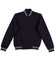 A navy blue kid's fleece varsity jacket with striped cuffs and collar, featuring a front button closure and side pockets.