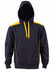 A navy hoodie with yellow contrast detailing and a front kangaroo pocket, featuring a hood and drawstrings.