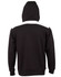 A black hoodie with a contrast white stripe across the shoulders and a kangaroo pocket. Features a logo on the front.