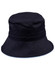 A black bucket hat with a wide brim, featuring a toggle adjustment and a decorative trim along the edge.