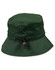 A green bucket hat with a toggle adjustment, featuring a wide brim and a structured design.