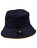 A navy bucket hat with a toggle adjustment, featuring a yellow rim and a logo on the side.