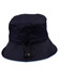 A navy blue bucket hat featuring a toggle adjustment and a brim design. It includes a logo detail.
