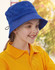 A blue bucket hat with a toggle, worn by a smiling child in a bright yellow shirt. The hat has a logo.