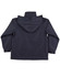A navy contrast jacket with a hood and a rear view, featuring a branding logo.