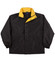 A black kids' contrast jacket with a yellow collar and elasticated cuffs, featuring a logo.