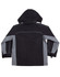 A black and grey men's jacket with a hood, featuring contrasting panels and a branded logo.
