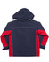 A navy and red men's 3-in-1 jacket with a hood, featuring a logo and contrast stitching.