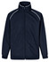 A navy track jacket featuring a high collar, zip front, and contrast piping. It has side pockets and a branded logo.