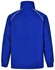 A blue track jacket featuring a collared neck and elastic cuffs, with a logo on the back.