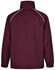 A maroon track jacket featuring a high collar and white detailing along the seams. It has a logo on the back.