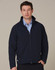 A navy high-tech softshell jacket with a zip front, featuring a collar and side pockets, worn by a model.