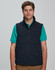 A men's softshell hi-tech vest in navy blue, featuring a zip front and side pockets, worn over a black t-shirt.