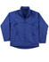 A blue men's chalet jacket, featuring a zip front, high collar, and two zippered pockets, with a logo.