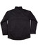 A black men's jacket with a collar and long sleeves, featuring a simple design and a logo.