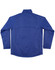 A blue men's jacket featuring long sleeves and a high collar, with a logo on the back.