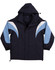 A tri-colour jacket featuring navy blue, light blue, and white accents, complete with a hood and branding.