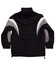 A tri-colour jacket with a hood in black and grey tones, featuring a logo on the back.