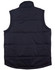 A dark navy padded vest with a collar and quilted design, featuring a visible logo on the backside.