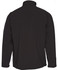 A black softshell jacket featuring a high collar and a logo on the sleeve. The back view displays a sleek design.