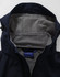 A navy softshell full zip hoodie with a grey fleece-lined interior and hood. Features a small logo inside.