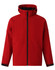 A red kids' softshell full zip hoodie, featuring a high collar and black trim, with a logo on the front.