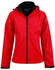 A red ladies' softshell full zip hoodie with a black interior and a hood, featuring a logo on the front.