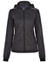 A ladies' fleece jacket in heather grey with a hood, featuring zippered pockets and a logo.