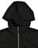 A black women's quilted jacket featuring a hood and a front zip, with a logo on the design.