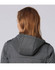 A grey quilted jacket with a hood, featuring a sleek design and visible stitching details at the back.
