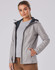 A grey ladies' waterproof performance jacket with a black hood, featuring a logo and zippered pockets.