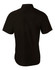 A black short sleeve shirt with a button-up design, featuring a hidden logo.