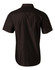 A short sleeve button-up shirt in black, featuring a back yoke and a logo on the fabric.