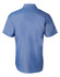 A blue short sleeve button-up shirt with a simple design and a logo on the back.