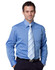 A light blue men's long sleeve button-up shirt, featuring a chest pocket and worn with a diagonal striped tie.