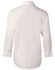 A white long sleeve button-up shirt with a classic collar and button cuffs, featuring a logo.