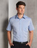 A light blue short sleeve button-up shirt with a single chest pocket and a branding logo.