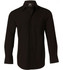 A black long-sleeve button-up shirt made of cotton and polyester with a logo on it.