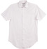 A white short-sleeve button-up shirt with a pocket and a logo. Clean and simple design.