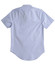 A light blue short sleeve button-up shirt with a smooth texture and a curved hem. Features a logo on the back.