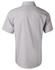 A grey short-sleeve button-up shirt with fine stripes and a logo on the back.