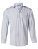 A light blue long sleeve button-up shirt with fine stripes and a single chest pocket, featuring a small logo.