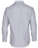A grey and white striped long sleeve button-up shirt featuring a classic collar and a branding logo.