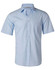 A light blue men's short sleeve button-up shirt with pin stripes and a chest pocket. It features a logo on the label.