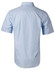 A light blue short sleeve button-up shirt with a pinstripe pattern and a logo on the back.